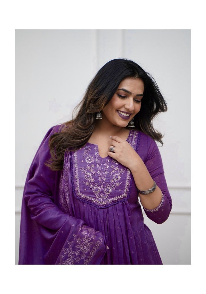 Malishka Export Purple Cotton Embroidery Anarkali Kurta Pant for Women - Image 3